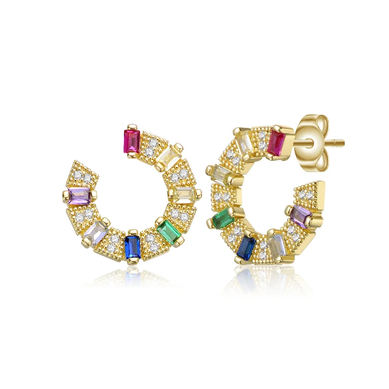 Thick hoop earrings-Sterling Silver 14k Gold Plated Rainbow & White Cubic Zirconia Front-Facing C-Hoop Earrings