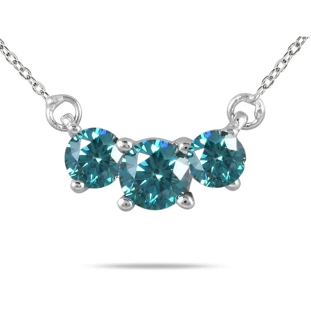 Heavy gem necklaces-1 Carat TW Blue Diamond Three Stone Pendant Necklace in 14K White Gold