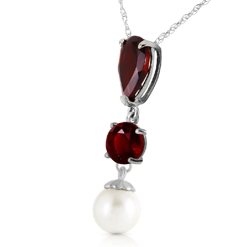 High pendant necklaces-5.25 Carat 14K Solid White Gold Necklace Garnet Pearl