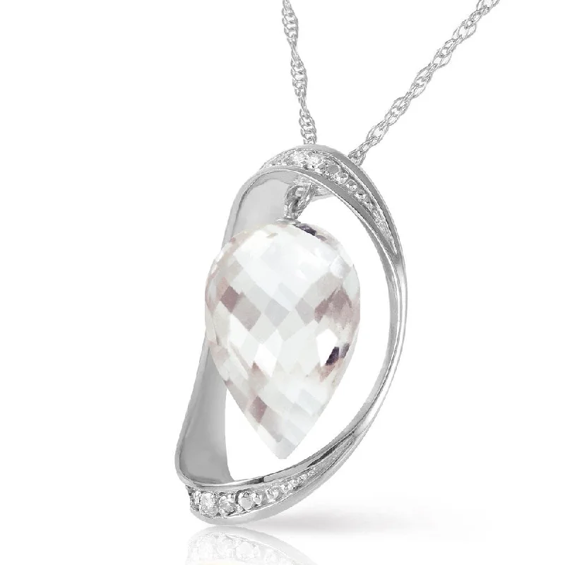 Glittering crystal necklaces-14K Solid White Gold Necklace with Diamonds & Briolette Pointy Drop White Topaz