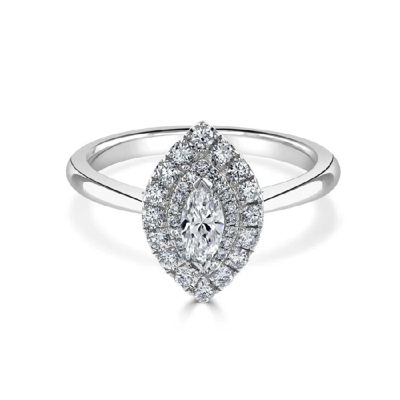 Sculpted gem engagement rings-Platinum Marquise Shaped Diamond Double Halo Cluster Ring