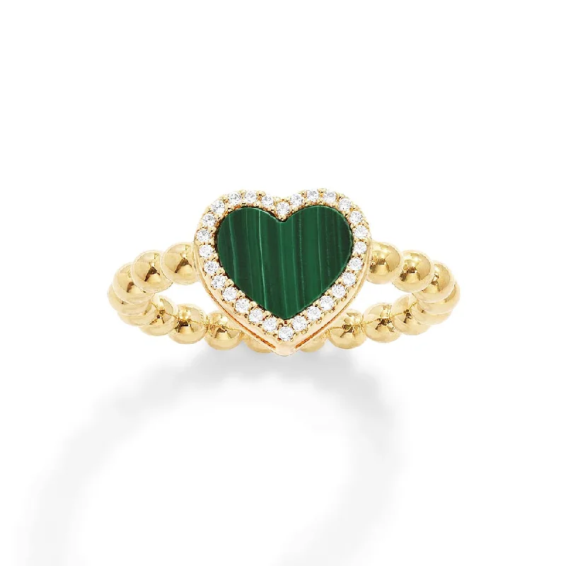 Clear quartz rings-Malachite Heart Ring with Beads