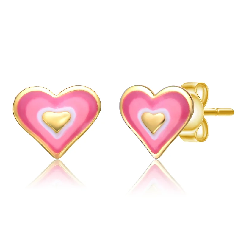 Thick hoop earrings-Toddler/Kids 14K Gold Plated Pink & White Enamel Heart Stud Earrings