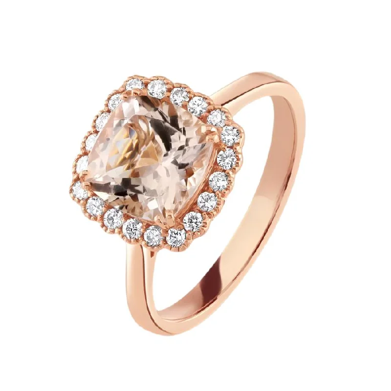 Bold druzy engagement rings-18ct Rose Gold Morganite & Diamond Cushion Cluster Ring