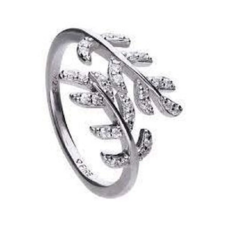 Moonstone engagement rings-Silver Cubic Zirconia Set Leaf Crossover Ring, size L