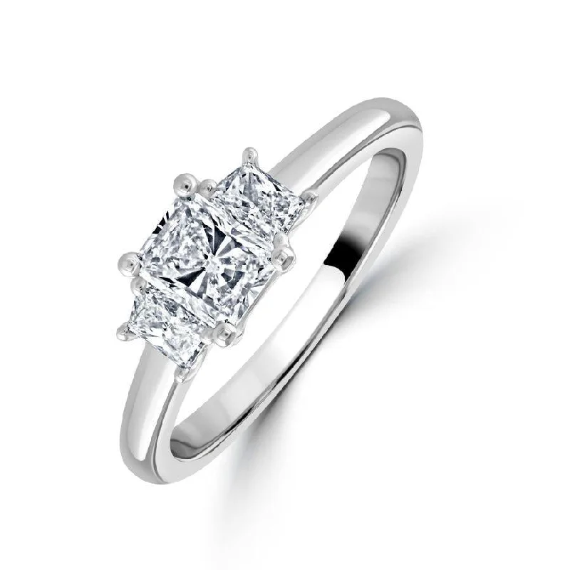 Beaded stone engagement rings-Platinum Rectangular & Trapiezoid Cut Diamond Trilogy Ring