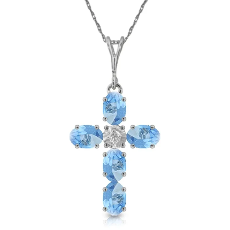 Frosted bead necklaces-1.75 Carat 14K White Gold Cross Necklace Natural Diamond Blue Topaz