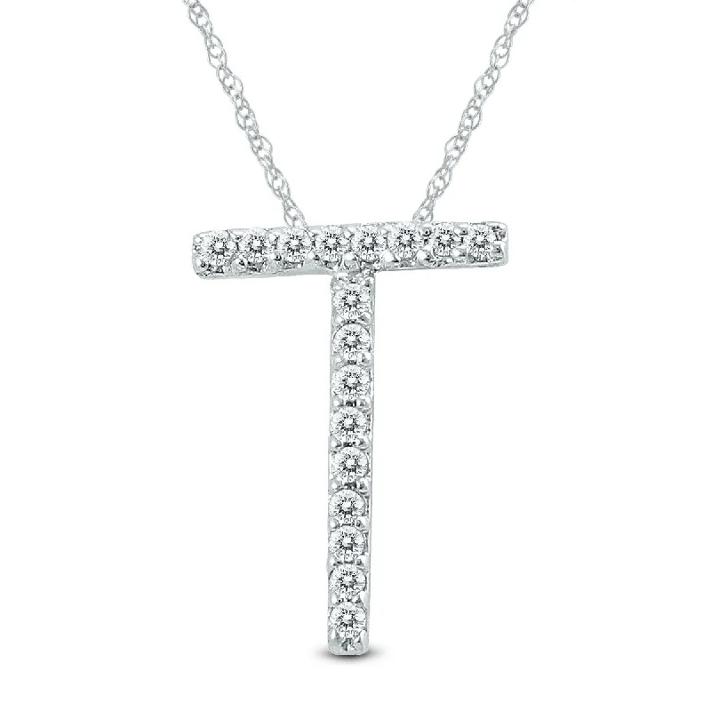 Topaz necklaces-Marquee 1/10 Carat TW T Initial Diamond Pendant Necklace in 10K White Gold with Adjustable Chain