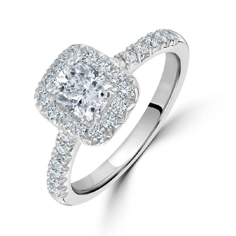 Owl motif engagement rings-Platinum Cushion Cut Diamond Halo Ring with Diamond Shoulders