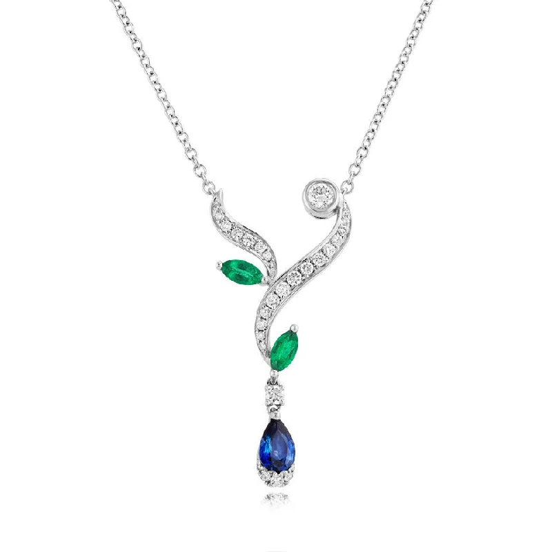 Tiered shank engagement rings-18ct white gold Emerald, Sapphire and Diamond necklace