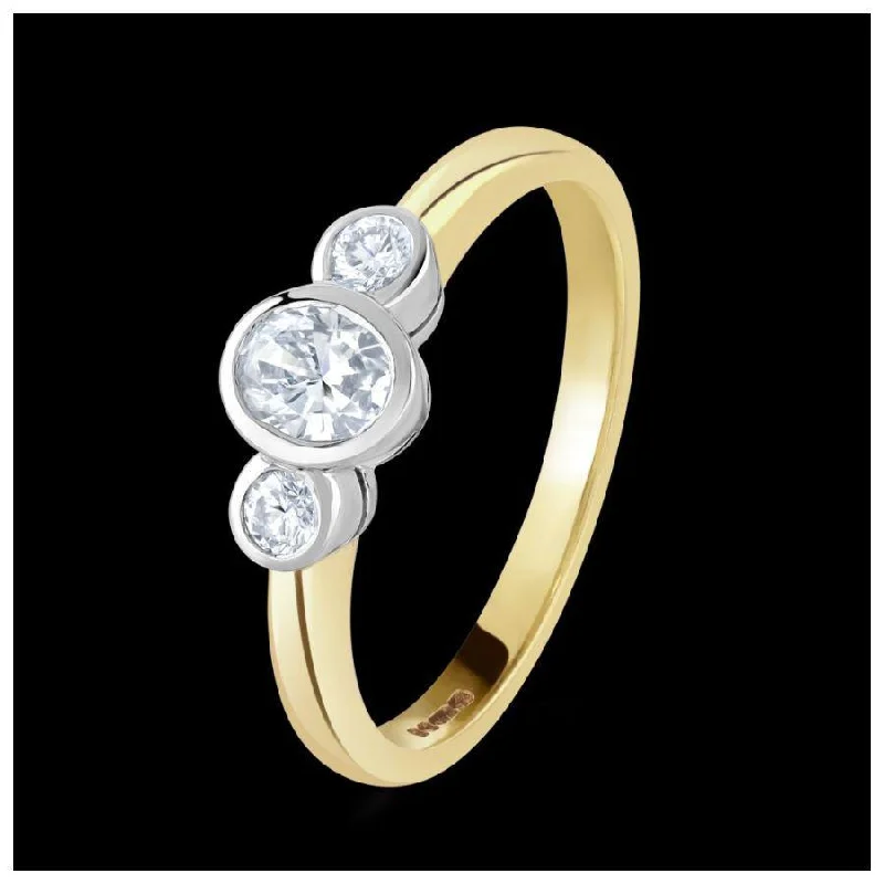 Moon motif engagement rings-18ct Gold yellow and white gold rubover set oval cut Diamond and round brilliant cut Diamond 3 stone