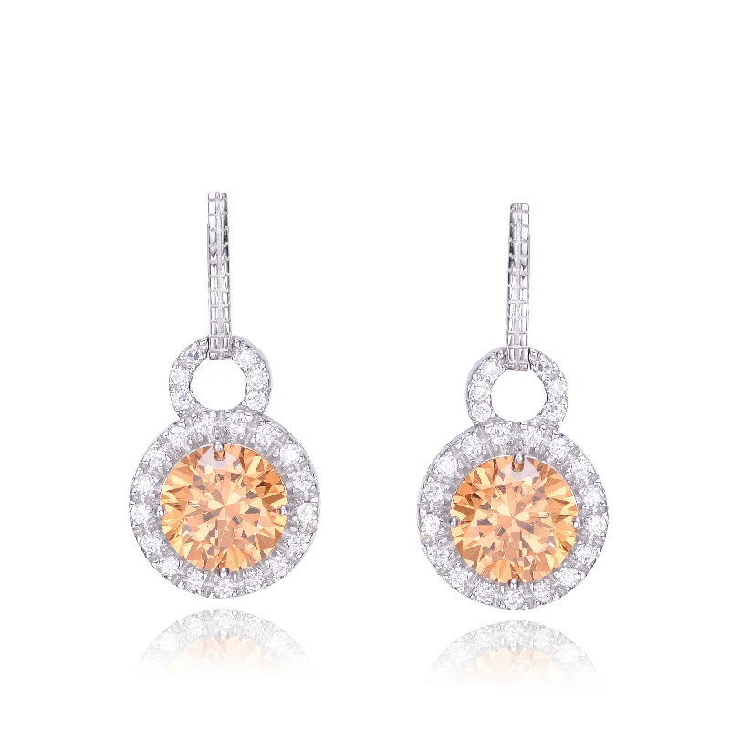 Bamboo design earrings-Cubic Zirconia Sterling Silver Rhodium Plated Round Champagne Drop Earrings