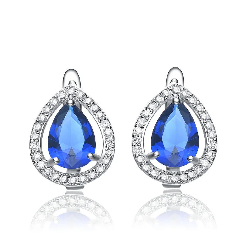 Light wood earrings-Cubic Zirconia Sterling Silver Rhodium Plated Sapphire Tear Shape Earrings