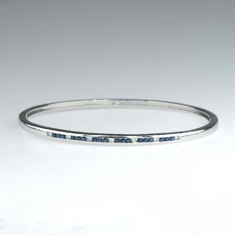 Baroque pearl bangles-Sapphire and Diamond Hinged Bangle Bracelet in 14K White Gold