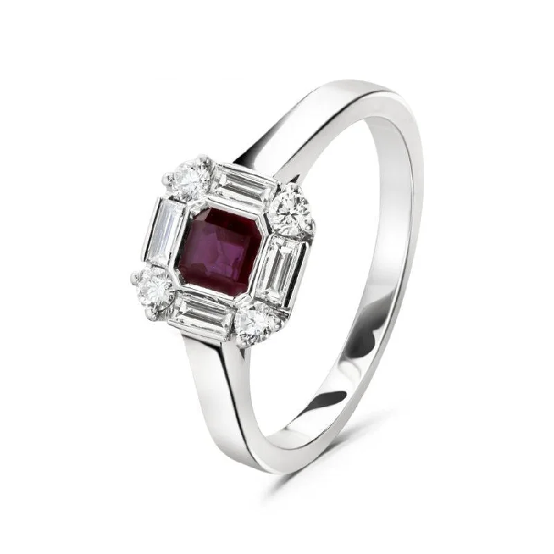 Linen thread engagement rings-18ct White Gold Ruby & Diamond Cluster Ring