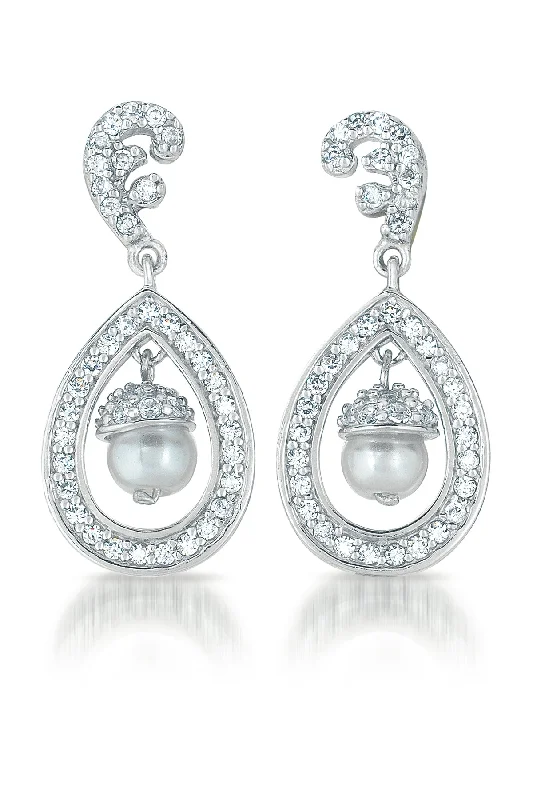 Satin gloss earrings-Cubic Zirconia Sterling Silver Rhodium Plated Teardrop Earrings