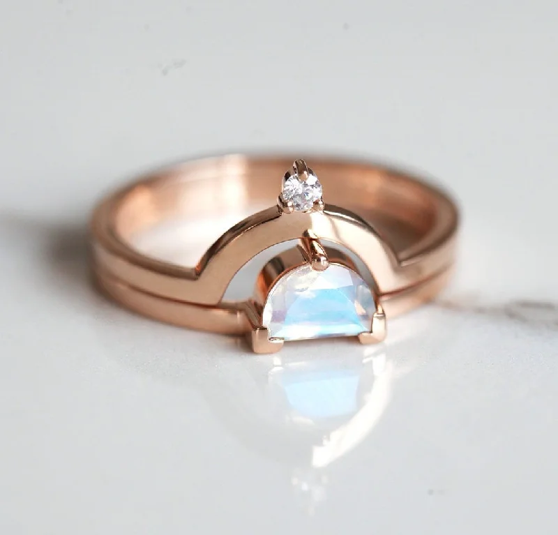 Vivid druzy engagement rings-Tobias Half Moon Moonstone Diamond Ring Set