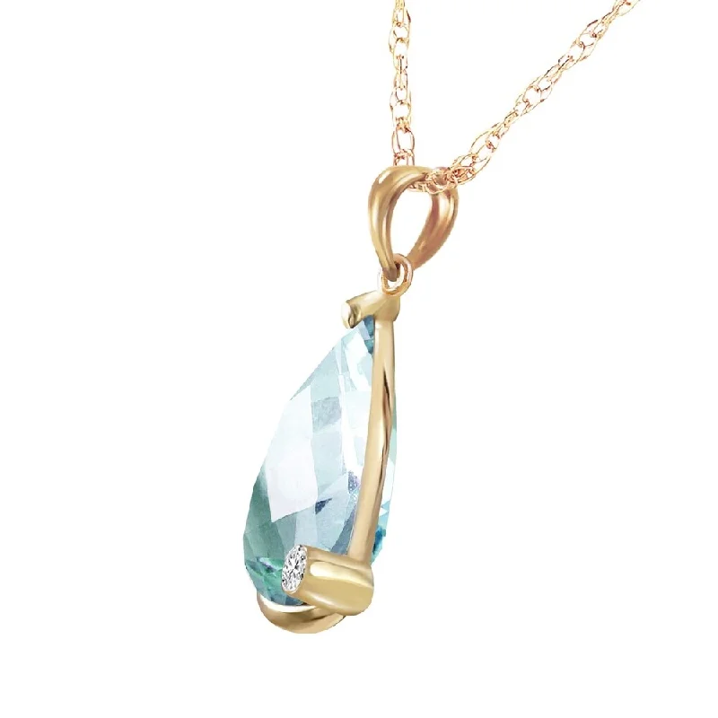 Turquoise drop necklaces-14K Solid Gold Necklace with Briolette Checkerboard Cut Blue Topaz & Diamond